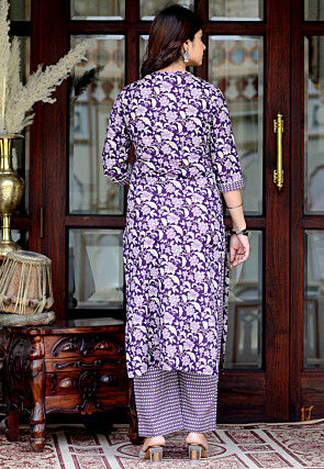 Printed Cotton Straight Kurta Set in Purple