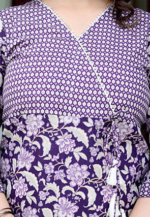 Printed Cotton Straight Kurta Set in Purple