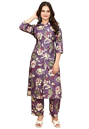 Printed Cotton Straight Kurta Set in Purple