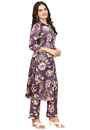 Printed Cotton Straight Kurta Set in Purple