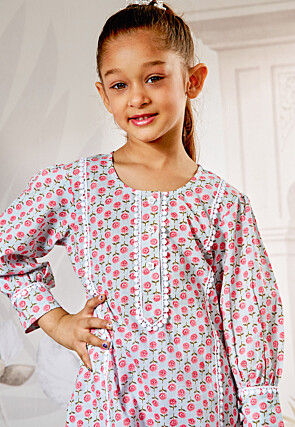 Printed Cotton Straight Kurta Set in Sky Blue