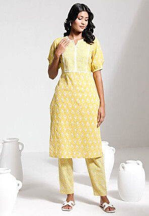 Printed Cotton Straight Kurta Set in Yellow