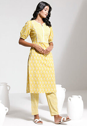 Printed Cotton Straight Kurta Set in Yellow