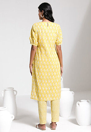 Printed Cotton Straight Kurta Set in Yellow