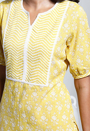 Printed Cotton Straight Kurta Set in Yellow
