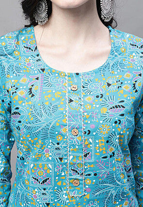 Printed Cotton Straight Kurti in Blue