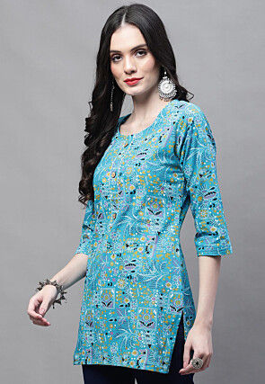 Printed Cotton Straight Kurti in Blue