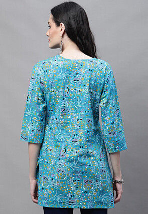 Printed Cotton Straight Kurti in Blue