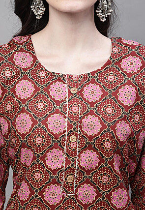Printed Cotton Straight Kurti in Maroon