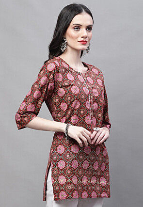 Printed Cotton Straight Kurti in Maroon