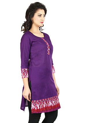 Printed Cotton Straight Kurti in Purple