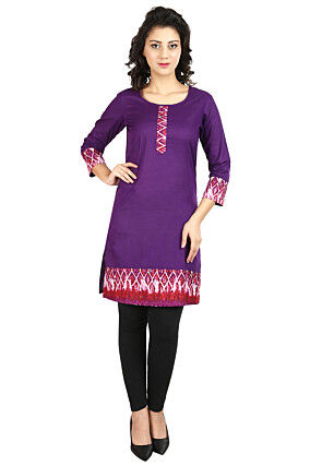 Printed Cotton Straight Kurti in Purple
