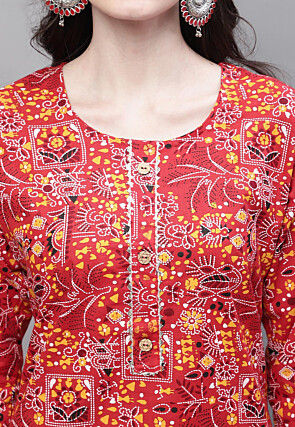 Printed Cotton Straight Kurti in Red