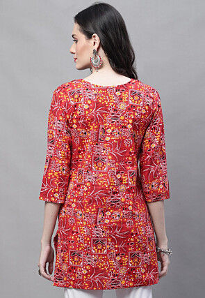 Printed Cotton Straight Kurti in Red