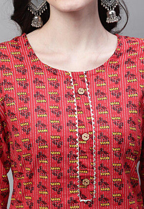 Printed Cotton Straight Kurti in Red