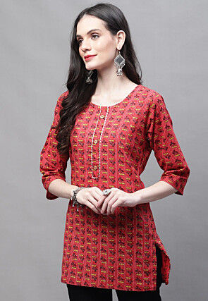 Printed Cotton Straight Kurti in Red