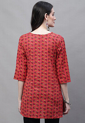 Printed Cotton Straight Kurti in Red