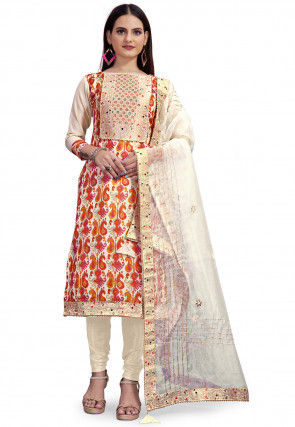 Printed Cotton Straight Suit in Beige and Orange