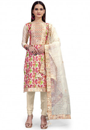 Printed Cotton Straight Suit in Beige and Pink