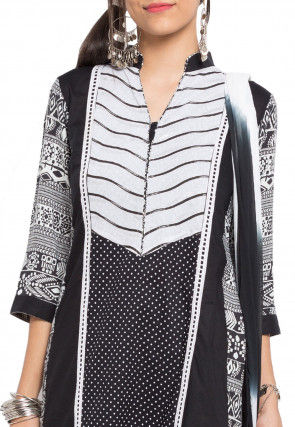 Printed Cotton Straight Suit in Black