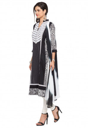 Printed Cotton Straight Suit in Black