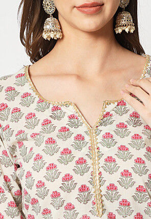 Printed Cotton Straight Suit in Light Beige