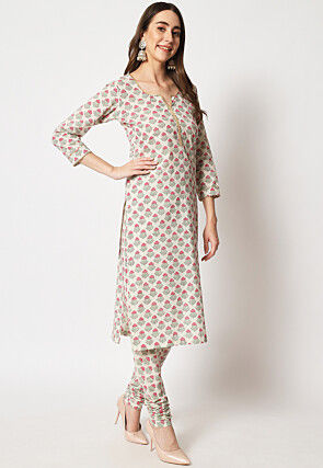 Printed Cotton Straight Suit in Light Beige