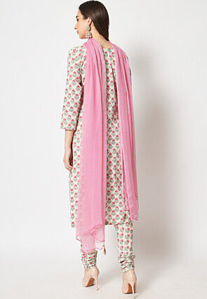 Printed Cotton Straight Suit in Light Beige