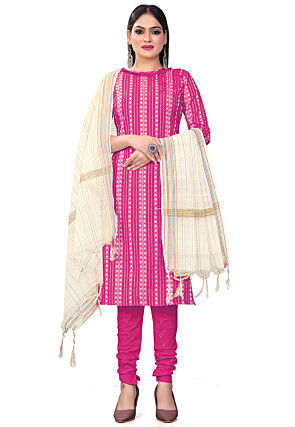 Printed Cotton Straight Suit in Magenta