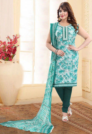 Printed Cotton Straight Suit in Off White and Teal Blue