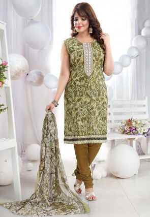 Printed Cotton Straight Suit in Olive Green