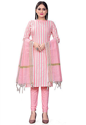 Printed Cotton Straight Suit in Pink and Grey