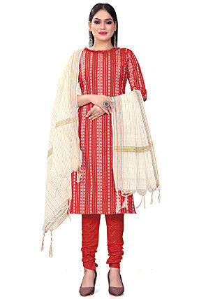 Printed Cotton Straight Suit in Red