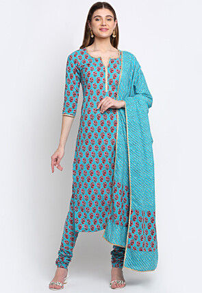 Printed Cotton Straight Suit in Sky Blue