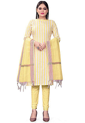 Printed Cotton Straight Suit in Yellow and Grey
