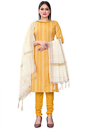 Printed Cotton Straight Suit in Yellow