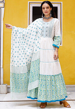 Printed Cotton Tiered Abaya Style Suit in White