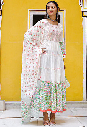 Printed Cotton Tiered Abaya Style Suit in White