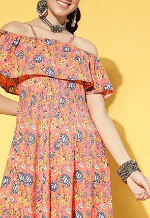 Printed Cotton Tiered Dress in Dark Peach