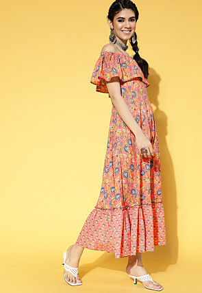Printed Cotton Tiered Dress in Dark Peach