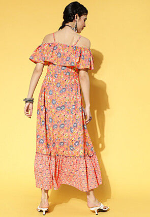 Printed Cotton Tiered Dress in Dark Peach