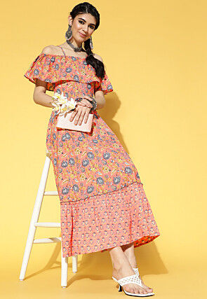 Printed Cotton Tiered Dress in Dark Peach