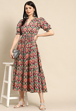 Printed Cotton Tiered Dress in Light Green and Multicolor