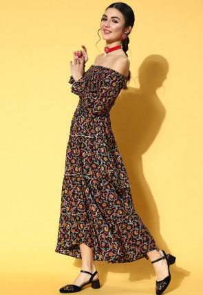 Printed Cotton Tiered Maxi Dress in Black