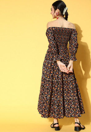 Printed Cotton Tiered Maxi Dress in Black