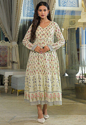 Printed Cotton Tiered Midi Dress in Cream