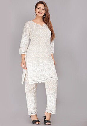 Printed Cotton Top and Bottom Set in Off White