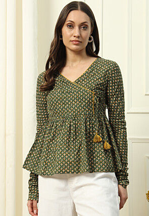 Printed Cotton Top in Dark Green