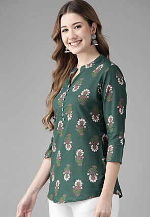 Printed Cotton Top in Dark Green