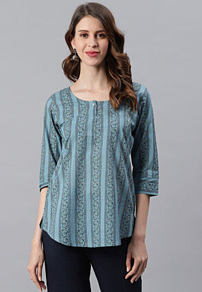 Printed Cotton Top in Dusty Blue